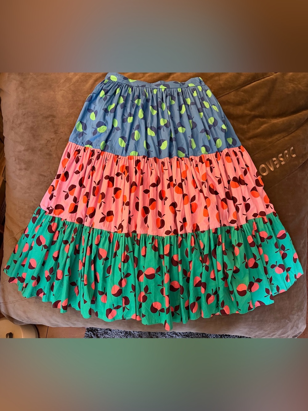 kate spade Blue Maxi Tiered Skirt Colorblock w/ Green Apple Print & Pink
